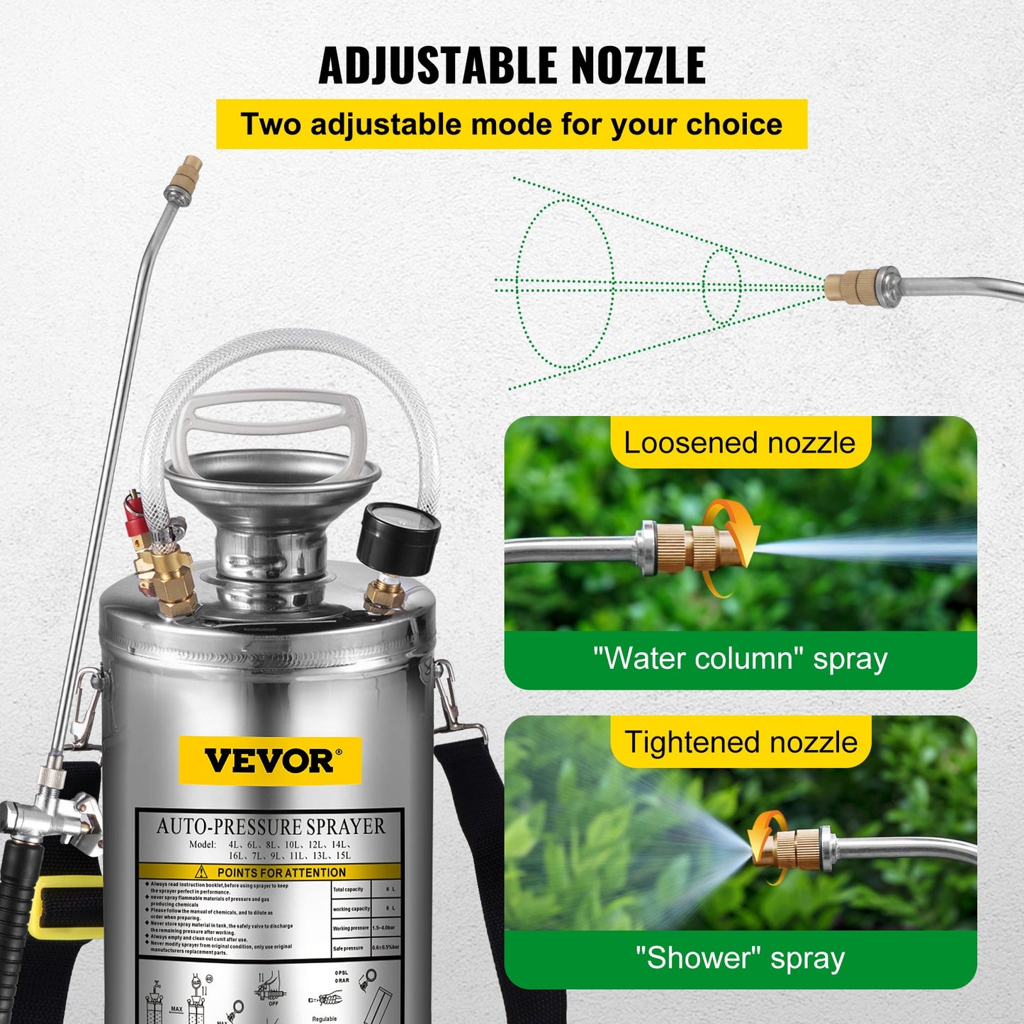 1.5Gal Stainless Steel Sprayer, Set with 16\" Wand& Handle& 3.3FT Reinforced Hose, Hand Pump Sprayer with Pressure Gauge&Safety Valve, Adjustable Nozzle Suitable for Gardening& Sanitizing