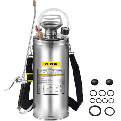 2Gal Stainless Steel Sprayer, Set with 20\" Wand& Handle& 3FT Reinforced Hose, Hand Pump Sprayer with Pressure Gauge&Safety Valve, Adjustable Nozzle Suitable for Gardening and Sanitizing