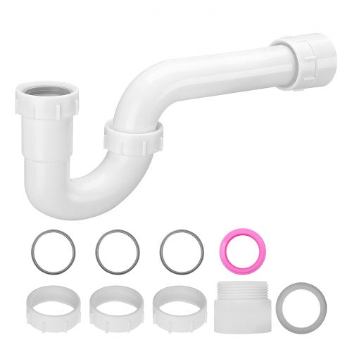 P-Trap, 1-1/2 Inch P Trap Sink Drain Pipe Kit with Threaded Adapter and TPU Leak-Resistant Washers, PP Plastic Pipe Basin Waste Kit, Under Sink Plumbing for Kitchen Bathroom Sewer Drain, White