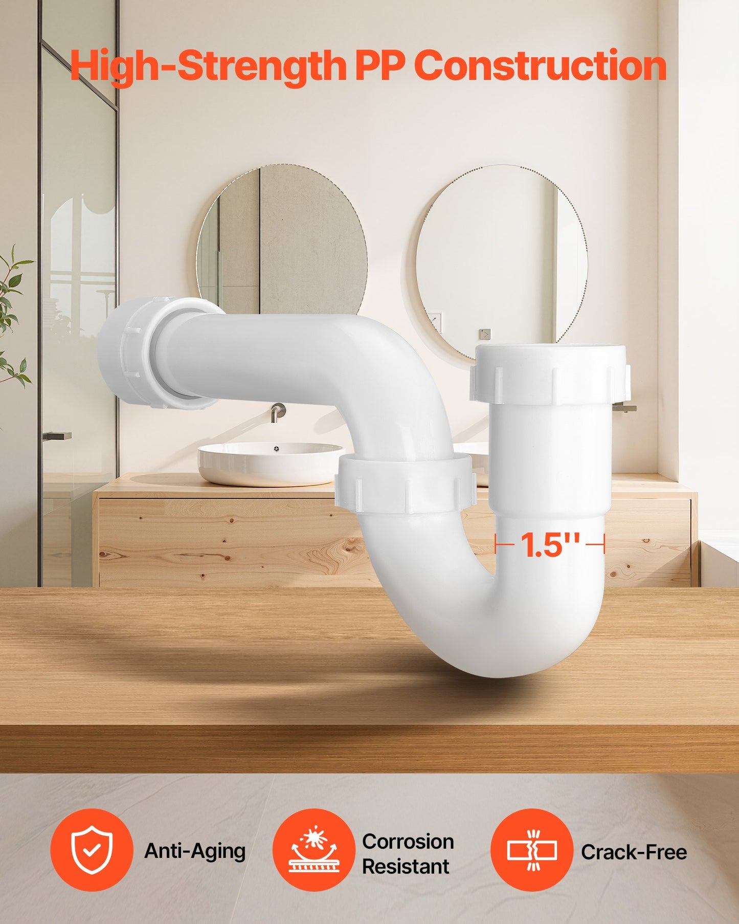 P-Trap, 1-1/2 Inch P Trap Sink Drain Pipe Kit with Threaded Adapter and TPU Leak-Resistant Washers, PP Plastic Pipe Basin Waste Kit, Under Sink Plumbing for Kitchen Bathroom Sewer Drain, White