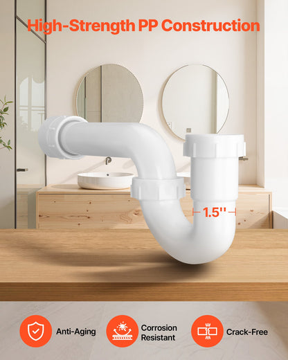 P-Trap, 1-1/2 Inch P Trap Sink Drain Pipe Kit with Threaded Adapter and TPU Leak-Resistant Washers, PP Plastic Pipe Basin Waste Kit, Under Sink Plumbing for Kitchen Bathroom Sewer Drain, White