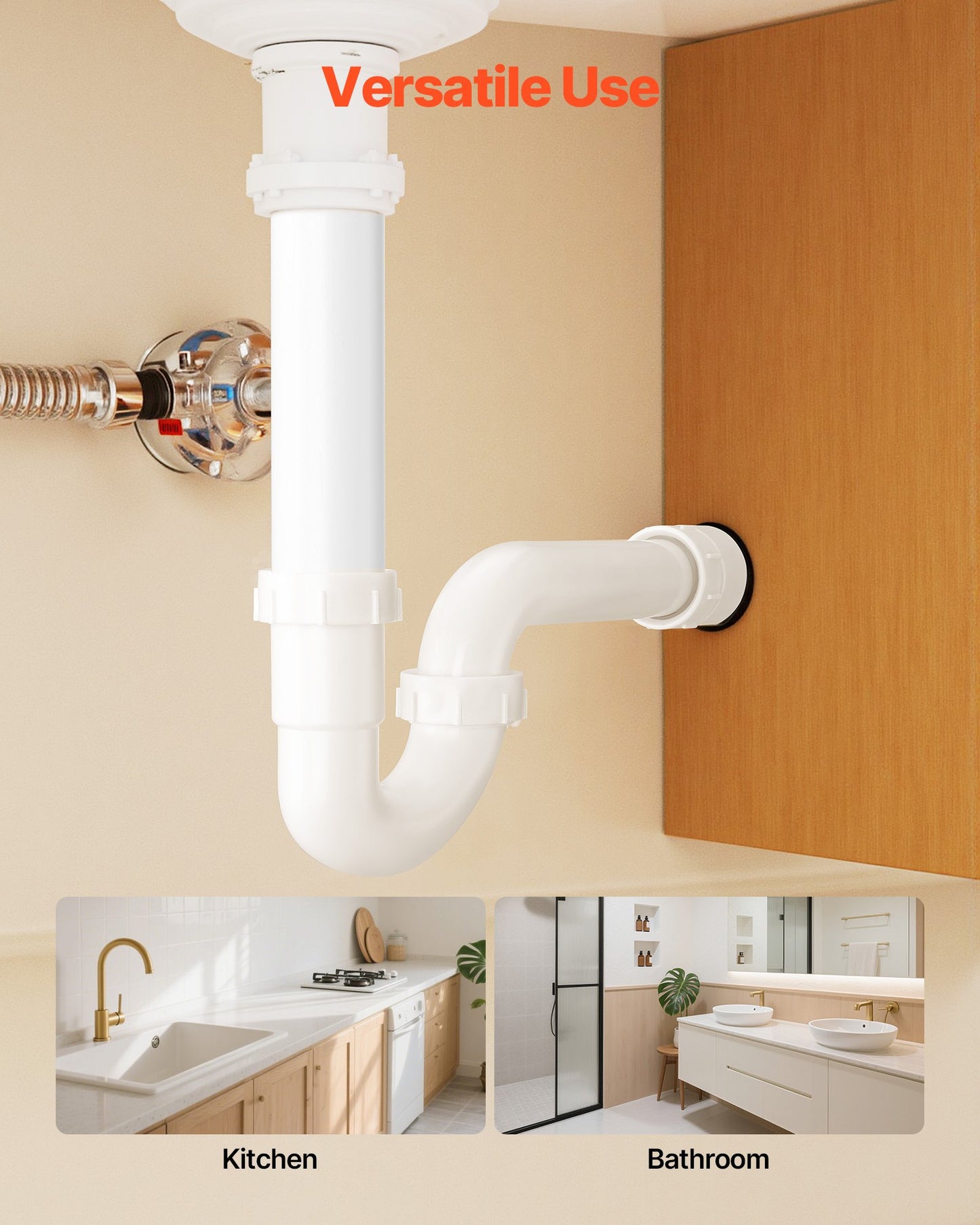 P-Trap, 1-1/2 Inch P Trap Sink Drain Pipe Kit with Threaded Adapter and TPU Leak-Resistant Washers, PP Plastic Pipe Basin Waste Kit, Under Sink Plumbing for Kitchen Bathroom Sewer Drain, White