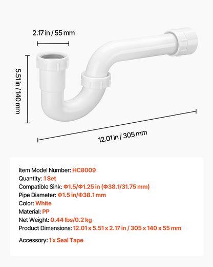 P-Trap, 1-1/2 Inch P Trap Sink Drain Pipe Kit with Threaded Adapter and TPU Leak-Resistant Washers, PP Plastic Pipe Basin Waste Kit, Under Sink Plumbing for Kitchen Bathroom Sewer Drain, White