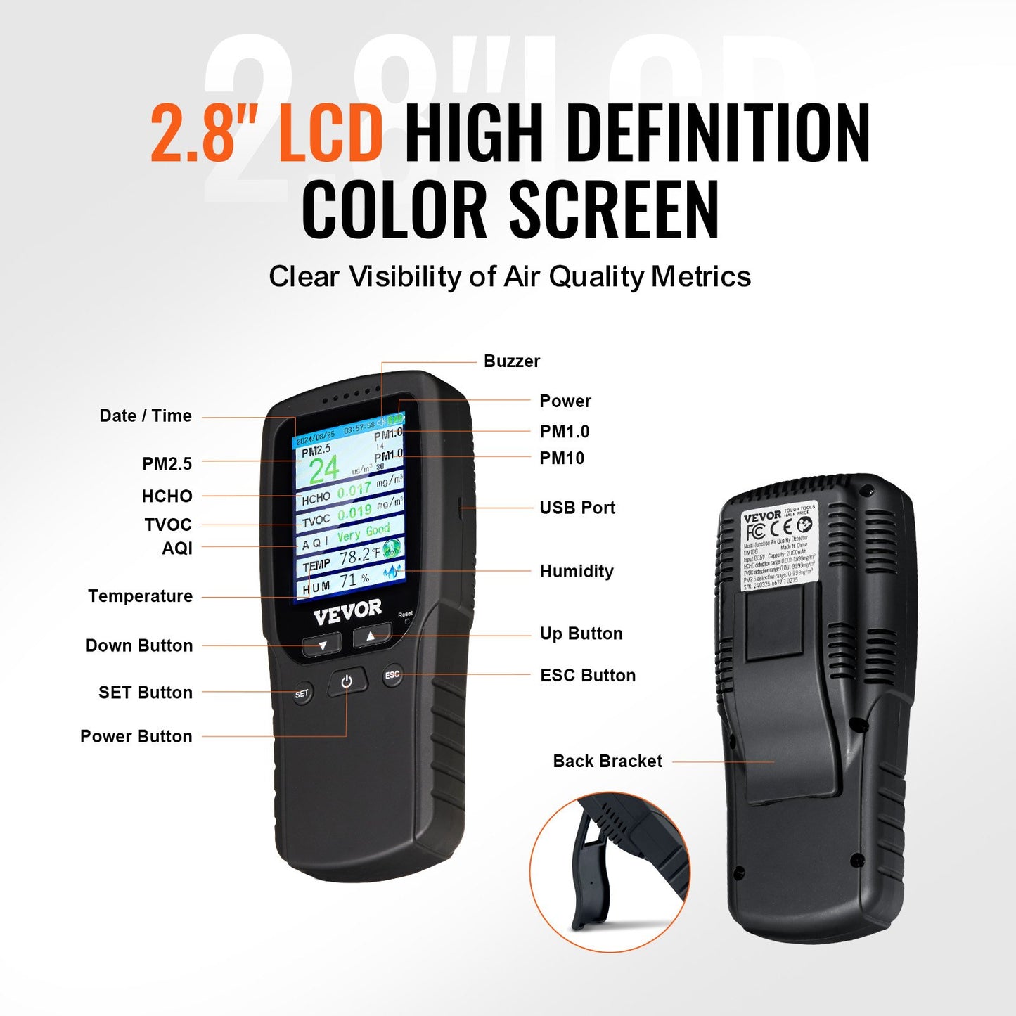 8-IN-1 Air Quality Meter PM1.0/2.5/10 HCHO TVOC Humidity Meter