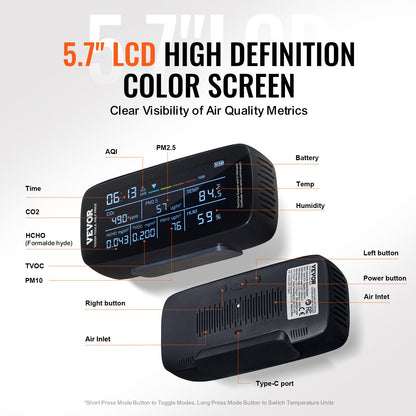 Air Quality Monitor 9-IN-1, CO2, Temperature, Humidity, Formaldehyde TVOC AQI Tester, Professional PM2.5 PM10 PM1.0 Particle Counter for Indoor/Outdoor, Air Quality Meter w/Alarm Thresholds