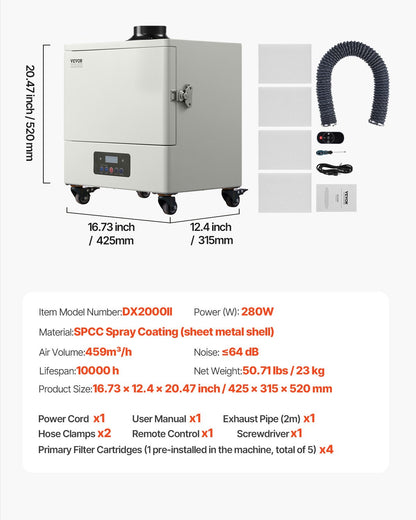 Lötrauchabsaugung 459 m³/h 280W bürstenloser Motor mit 10 Geschwindigkeitsstufen