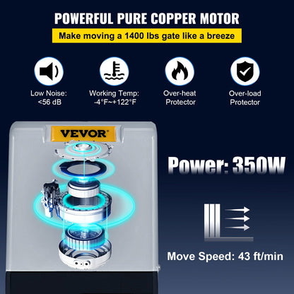 Automatic Sliding Gate Opener 1400LBS with 2 Remote Controls, Gate Operator Hardware Kit for Security, Move Speed 43ft Per Min, Electric Rolling Driveway Slide Gate Motor