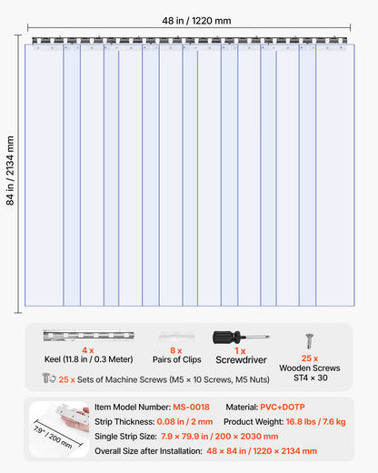 Clear PVC Strip Curtain, 84 in Height x 48 in Width x 0.08 in Thickness, 8 PCS Walk in Freezer Cooler Curtain Strips, Thermal Insulating Plastic Door Strips for Warehouse, Freezer, Garage Doors