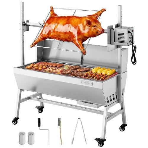 Rotisserie Grill, 38W BBQ Outdoor Pig & Lamb Spit Roaster, Charcoal Spit Roaster with 132 LBS Load Capacity & 7-Level Height, Stainless Steel Electric Rotisserie Grill Kit for Camping Outdoor