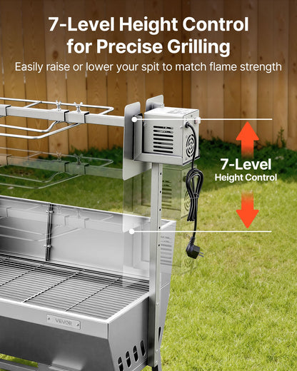 Rotisserie Grill, 38W BBQ Outdoor Pig & Lamb Spit Roaster, Charcoal Spit Roaster with 132 LBS Load Capacity & 7-Level Height, Stainless Steel Electric Rotisserie Grill Kit for Camping Outdoor