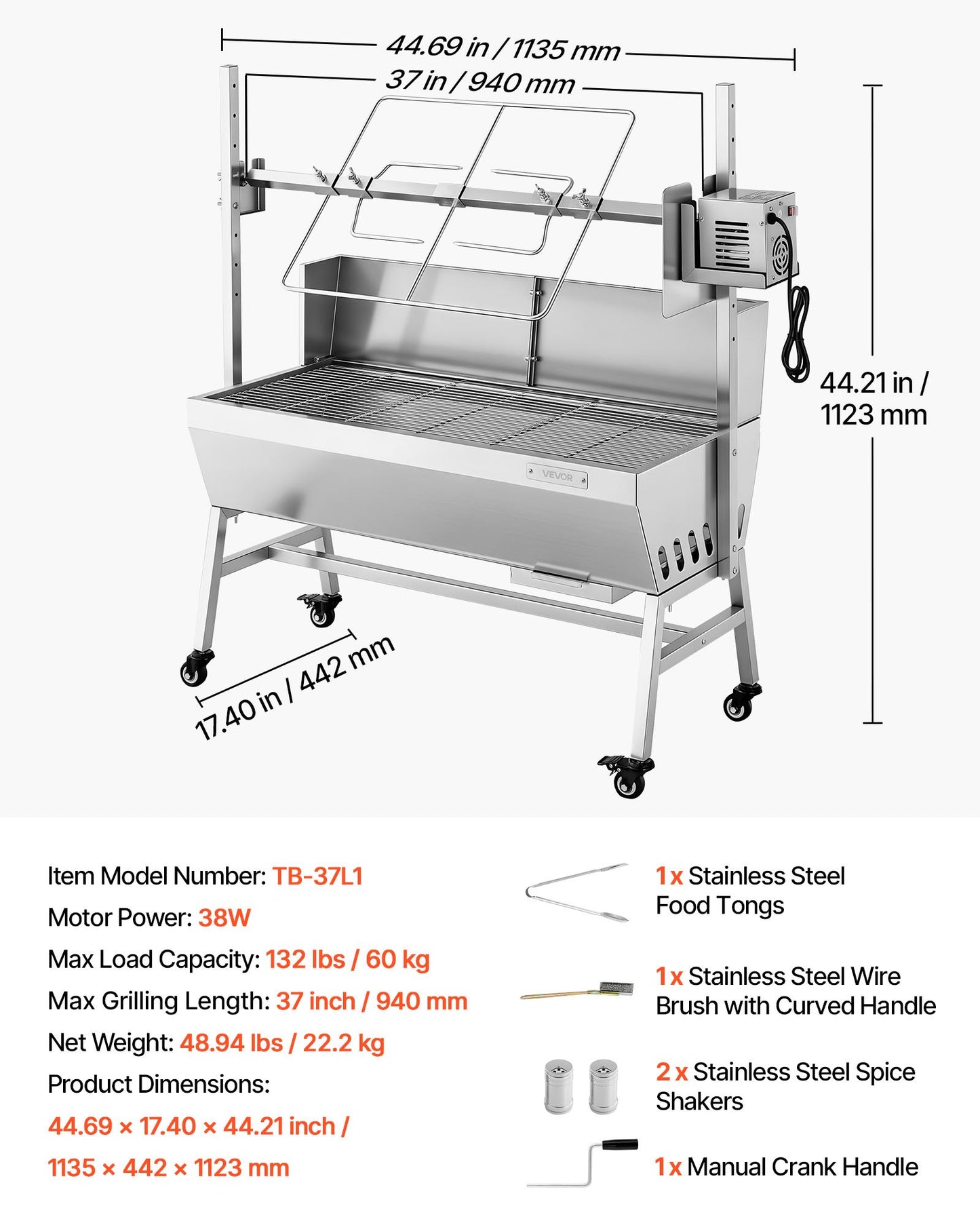 Rotisserie Grill, 38W BBQ Outdoor Pig & Lamb Spit Roaster, Charcoal Spit Roaster with 132 LBS Load Capacity & 7-Level Height, Stainless Steel Electric Rotisserie Grill Kit for Camping Outdoor