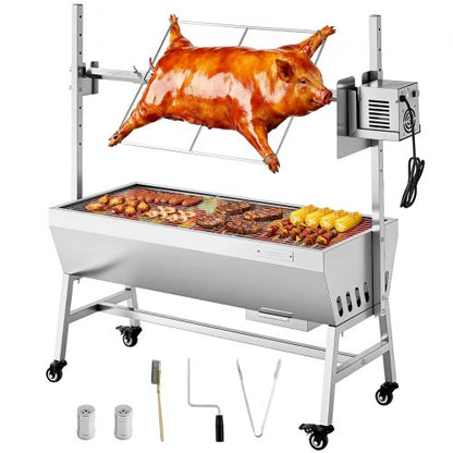 Rotisserie Grill, 38W BBQ Outdoor Pig & Lamb Spit Roaster, Charcoal Spit Roaster with 132 LBS Capacity, Wheels & 7-Level Height, Stainless Steel Electric Rotisserie Grill Kit for Camping Outdoor