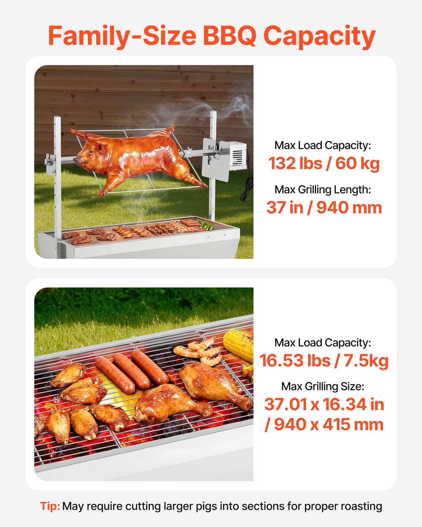 Rotisserie Grill, 38W BBQ Outdoor Pig & Lamb Spit Roaster, Charcoal Spit Roaster with 132 LBS Capacity, Wheels & 7-Level Height, Stainless Steel Electric Rotisserie Grill Kit for Camping Outdoor