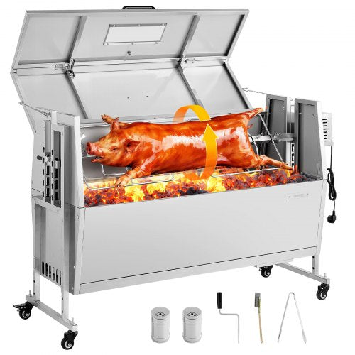 Rotisserie Grill, 38W BBQ Outdoor Pig & Lamb Spit Roaster, Charcoal Spit Roaster with 132 LBS Capacity, Wheels & 4-Level Height, Stainless Steel Rotisserie Grill Kit for Camping Outdoor Parties