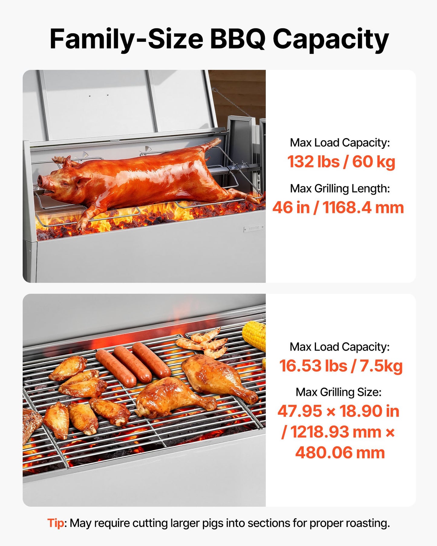 Rotisserie Grill, 38W BBQ Outdoor Pig & Lamb Spit Roaster, Charcoal Spit Roaster with 132 LBS Capacity, Wheels & 4-Level Height, Stainless Steel Rotisserie Grill Kit for Camping Outdoor Parties