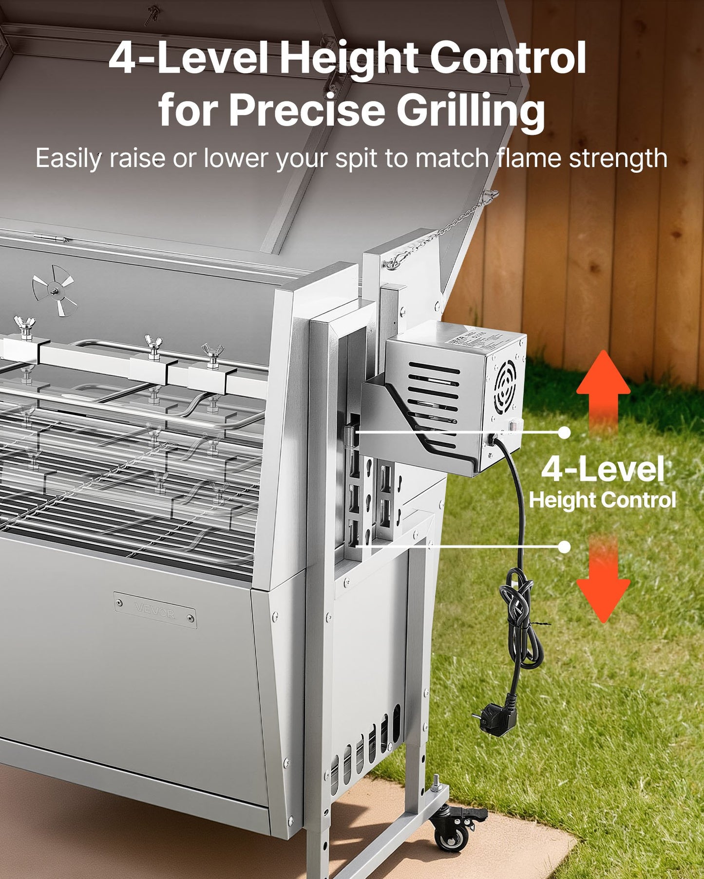 Rotisserie Grill, 38W BBQ Outdoor Pig & Lamb Spit Roaster, Charcoal Spit Roaster with 132 LBS Capacity, Wheels & 4-Level Height, Stainless Steel Rotisserie Grill Kit for Camping Outdoor Parties