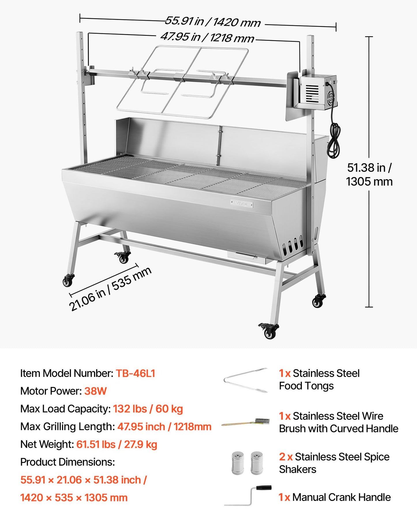 Rotisserie Grill, 38W BBQ Outdoor Pig & Lamb Spit Roaster, Charcoal Spit Roaster with 132 LBS Capacity, Wheels & 4-Level Height, Stainless Steel Electric Rotisserie Grill Kit for Camping Outdoor