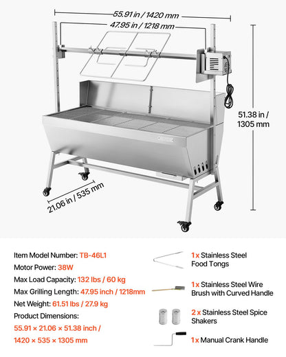 Rotisserie Grill, 38W BBQ Outdoor Pig & Lamb Spit Roaster, Charcoal Spit Roaster with 132 LBS Capacity, Wheels & 4-Level Height, Stainless Steel Electric Rotisserie Grill Kit for Camping Outdoor