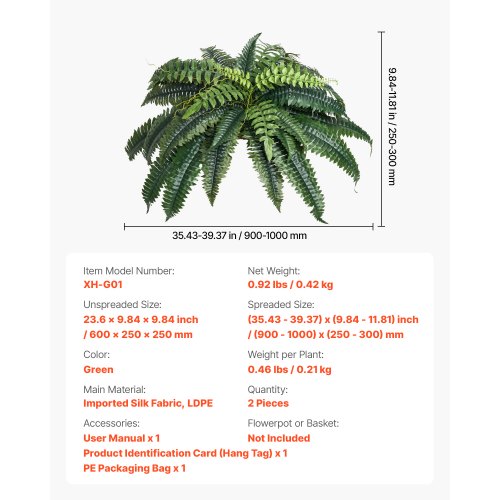 2 Stück künstliche Bostonfarne, Plastikfarn, 35 Zweige, Dekoration für drinnen und draußen | EU