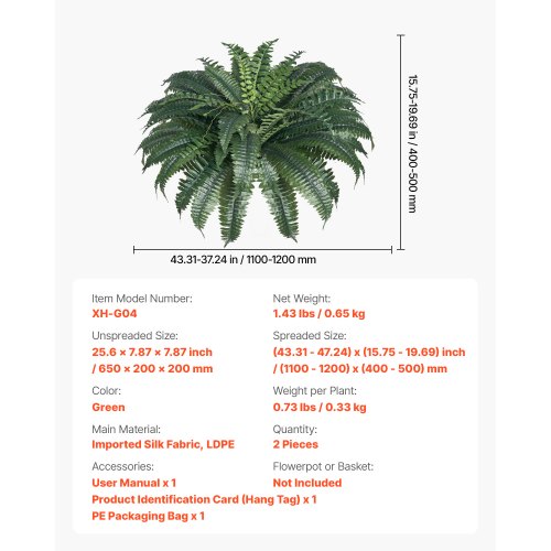 Konstgjorda Ormbunkar 2 St., Naturlig Spridning Diameter 43-47 Tum, Stora Hängande Konstgjorda Bostonormbunkar, Konstväxt Väggdekoration med 50 Grenar, Konstormbunke för Hem och Kontor (Blomkruka Ingår Ej) |  EU