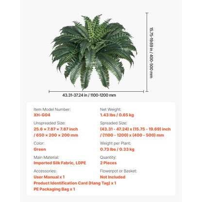 Konstgjorda Ormbunkar 2 St., Naturlig Spridning Diameter 43-47 Tum, Stora Hängande Konstgjorda Bostonormbunkar, Konstväxt Väggdekoration med 50 Grenar, Konstormbunke för Hem och Kontor (Blomkruka Ingår Ej) |  EU