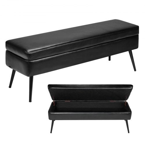 Leather Storage Ottoman Bench, PU Leather Bench with Storage and Metal Legs, Modern Shoe Benches Seat for Entryway, Upholstered End of Bed Benches for Living Room, Dining Room, Hallway, Black
