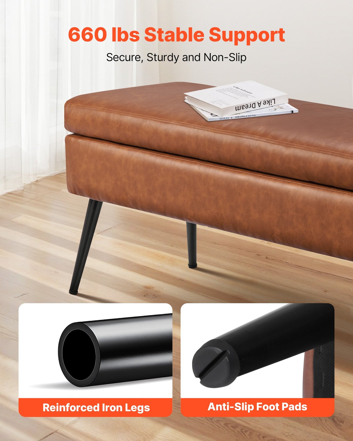 Leather Storage Ottoman Bench, PU Leather Bench with Storage and Metal Legs, Modern Shoe Benches Seat for Entryway, Upholstered End of Bed Benches for Living Room, Dining Room, Hallway, Brown
