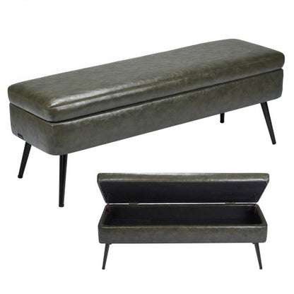 Leather Storage Ottoman Bench, PU Leather Bench with Storage and Metal Legs, Modern Shoe Benches Seat for Entryway, Upholstered End of Bed Benches for Living Room, Dining Room, Hallway, Green
