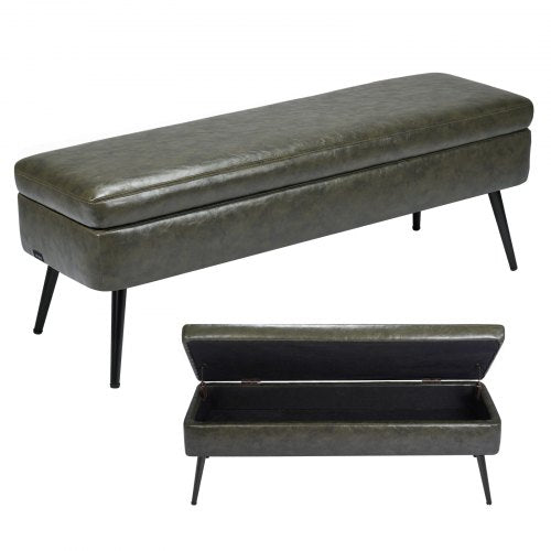 Leather Storage Ottoman Bench, PU Leather Bench with Storage and Metal Legs, Modern Shoe Benches Seat for Entryway, Upholstered End of Bed Benches for Living Room, Dining Room, Hallway, Green