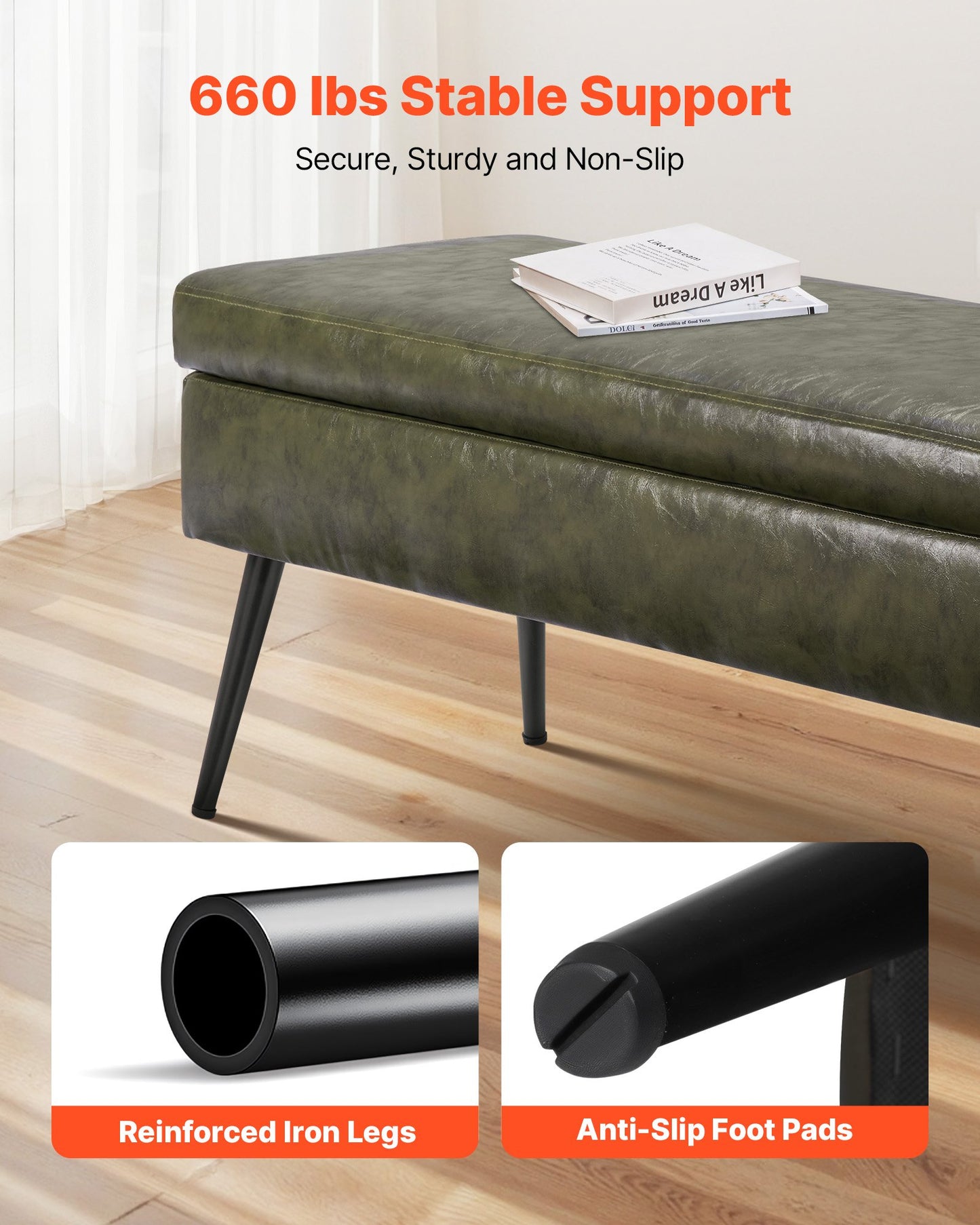 Leather Storage Ottoman Bench, PU Leather Bench with Storage and Metal Legs, Modern Shoe Benches Seat for Entryway, Upholstered End of Bed Benches for Living Room, Dining Room, Hallway, Green