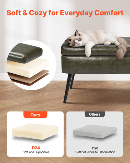Leather Storage Ottoman Bench, PU Leather Bench with Storage and Metal Legs, Modern Shoe Benches Seat for Entryway, Upholstered End of Bed Benches for Living Room, Dining Room, Hallway, Green
