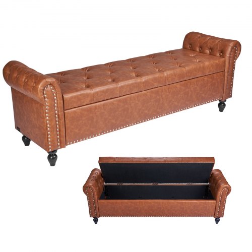 Button-Tufted Storage Ottoman Bench, Rolled Arm PU Leather Bench with Solid Wood Legs, Modern Shoe Benches Seat for Entryway, Upholstered End of Bed Benches for Living Room, Dining Room, Brown