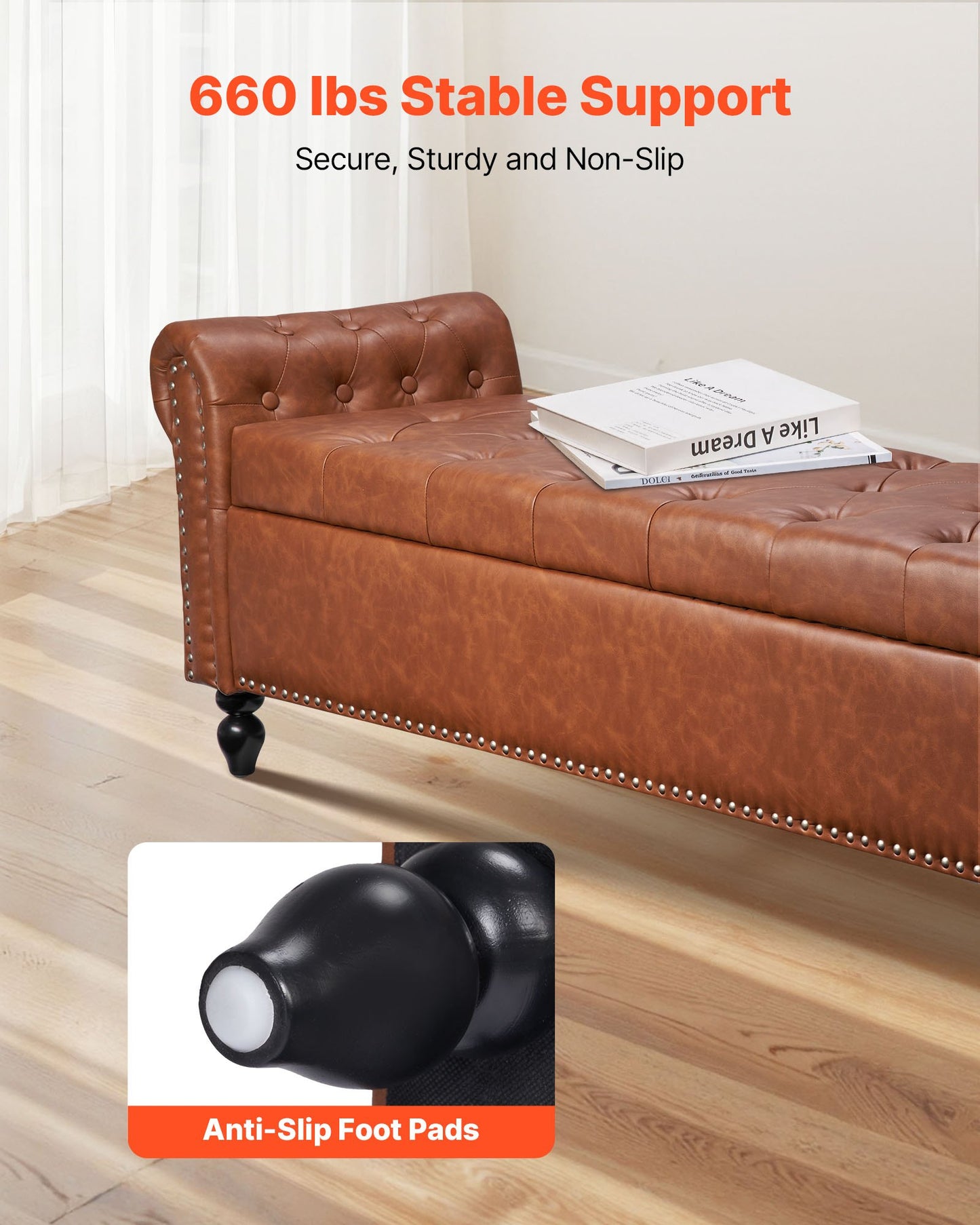 Button-Tufted Storage Ottoman Bench, Rolled Arm PU Leather Bench with Solid Wood Legs, Modern Shoe Benches Seat for Entryway, Upholstered End of Bed Benches for Living Room, Dining Room, Brown