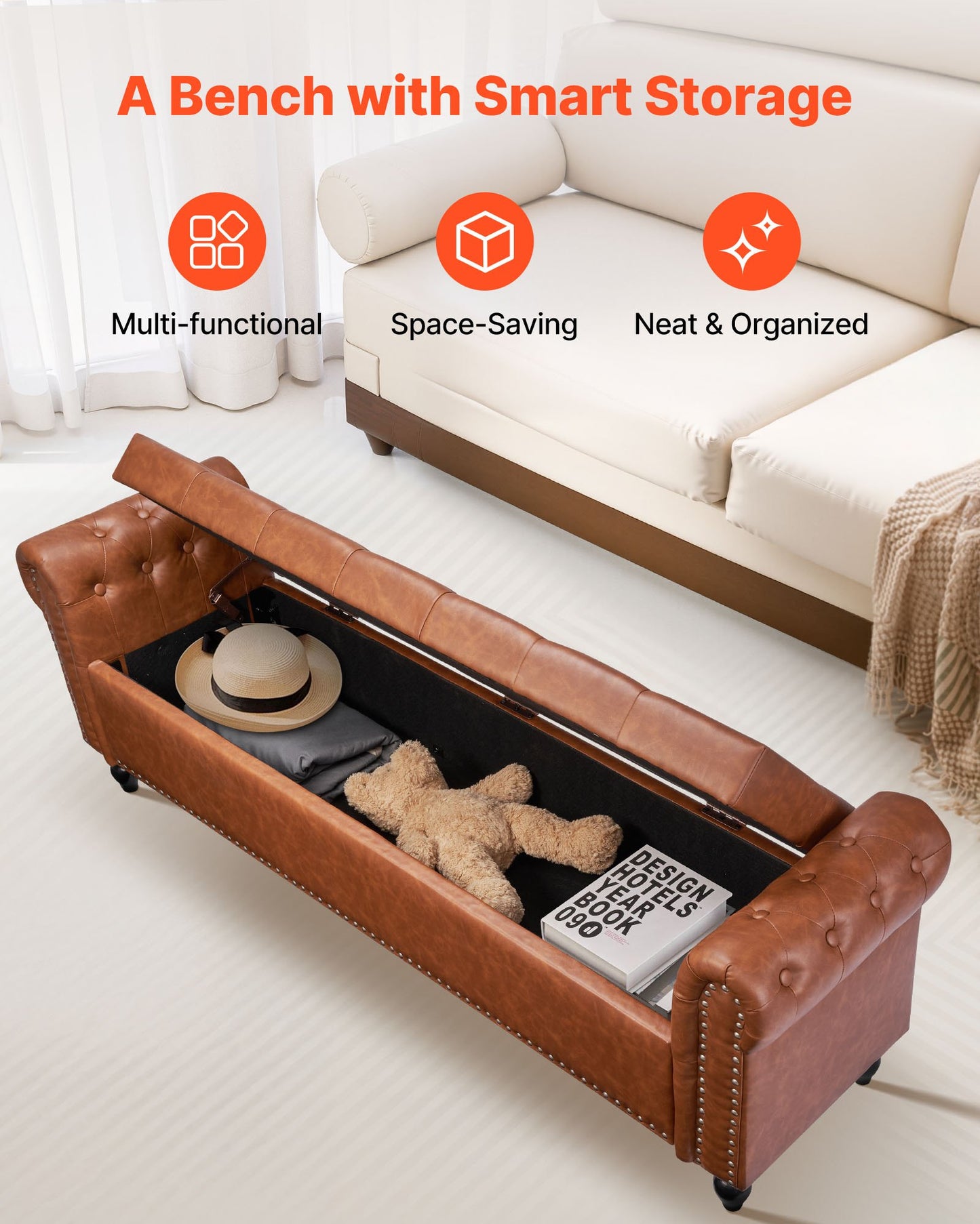 Button-Tufted Storage Ottoman Bench, Rolled Arm PU Leather Bench with Solid Wood Legs, Modern Shoe Benches Seat for Entryway, Upholstered End of Bed Benches for Living Room, Dining Room, Brown