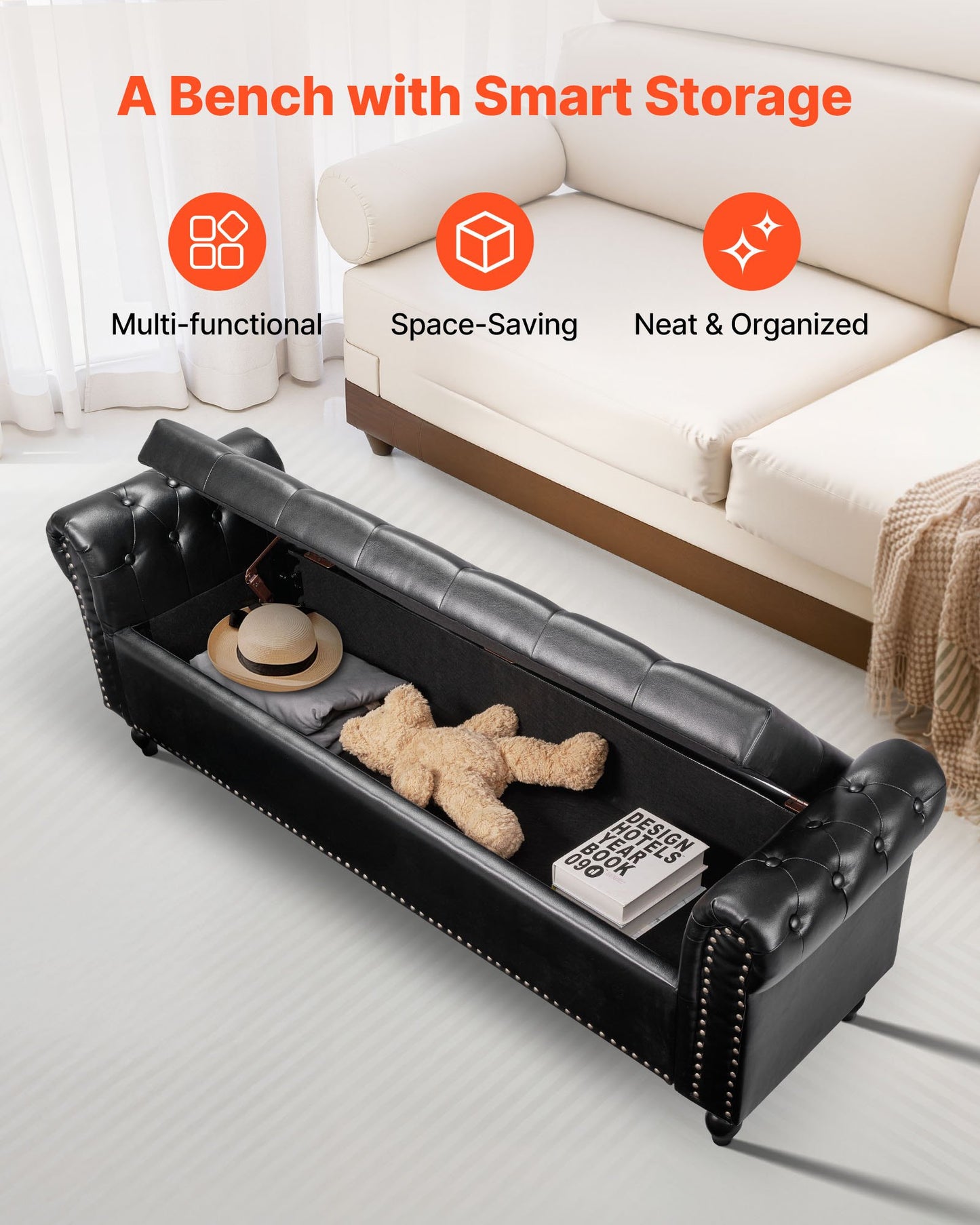 Button-Tufted Storage Ottoman Bench, Rolled Arm PU Leather Bench with Solid Wood Legs, Modern Shoe Benches Seat for Entryway, Upholstered End of Bed Benches for Living Room, Dining Room, Black