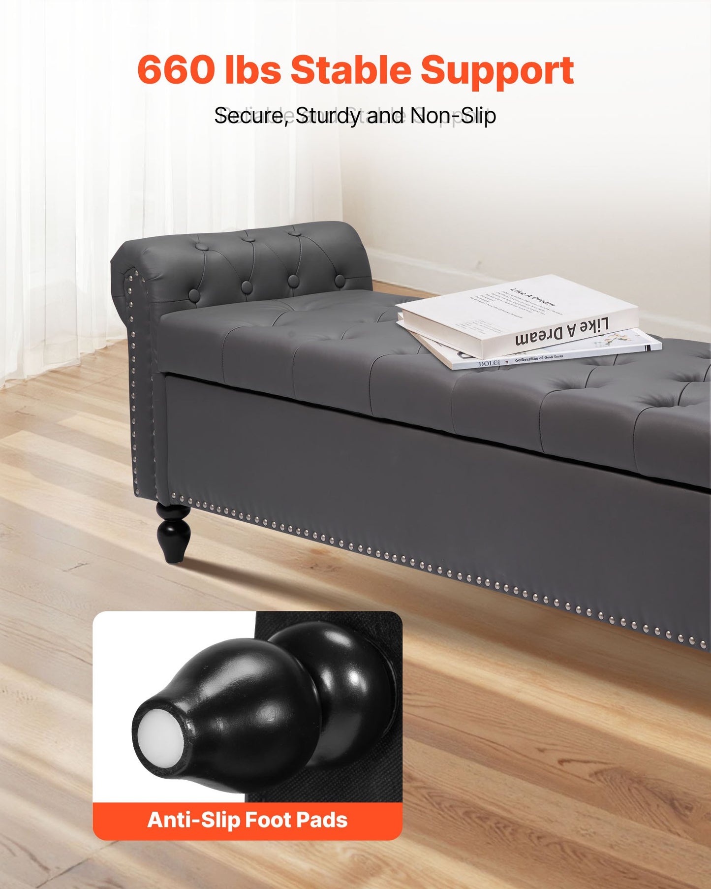 Button-Tufted Storage Ottoman Bench, Rolled Arm PU Leather Bench with Solid Wood Legs, Modern Shoe Benches Seat for Entryway, Upholstered End of Bed Benches for Living Room, Dining Room, Gray