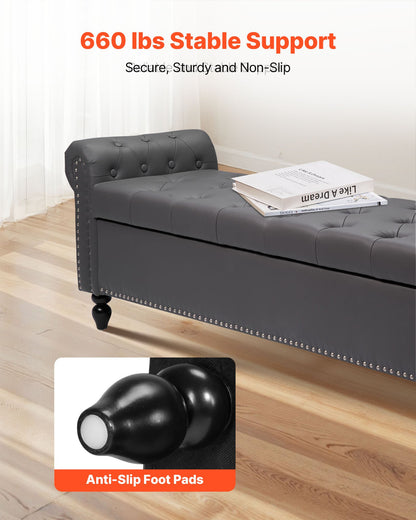 Button-Tufted Storage Ottoman Bench, Rolled Arm PU Leather Bench with Solid Wood Legs, Modern Shoe Benches Seat for Entryway, Upholstered End of Bed Benches for Living Room, Dining Room, Gray