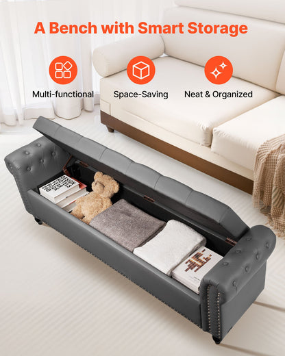 Button-Tufted Storage Ottoman Bench, Rolled Arm PU Leather Bench with Solid Wood Legs, Modern Shoe Benches Seat for Entryway, Upholstered End of Bed Benches for Living Room, Dining Room, Gray