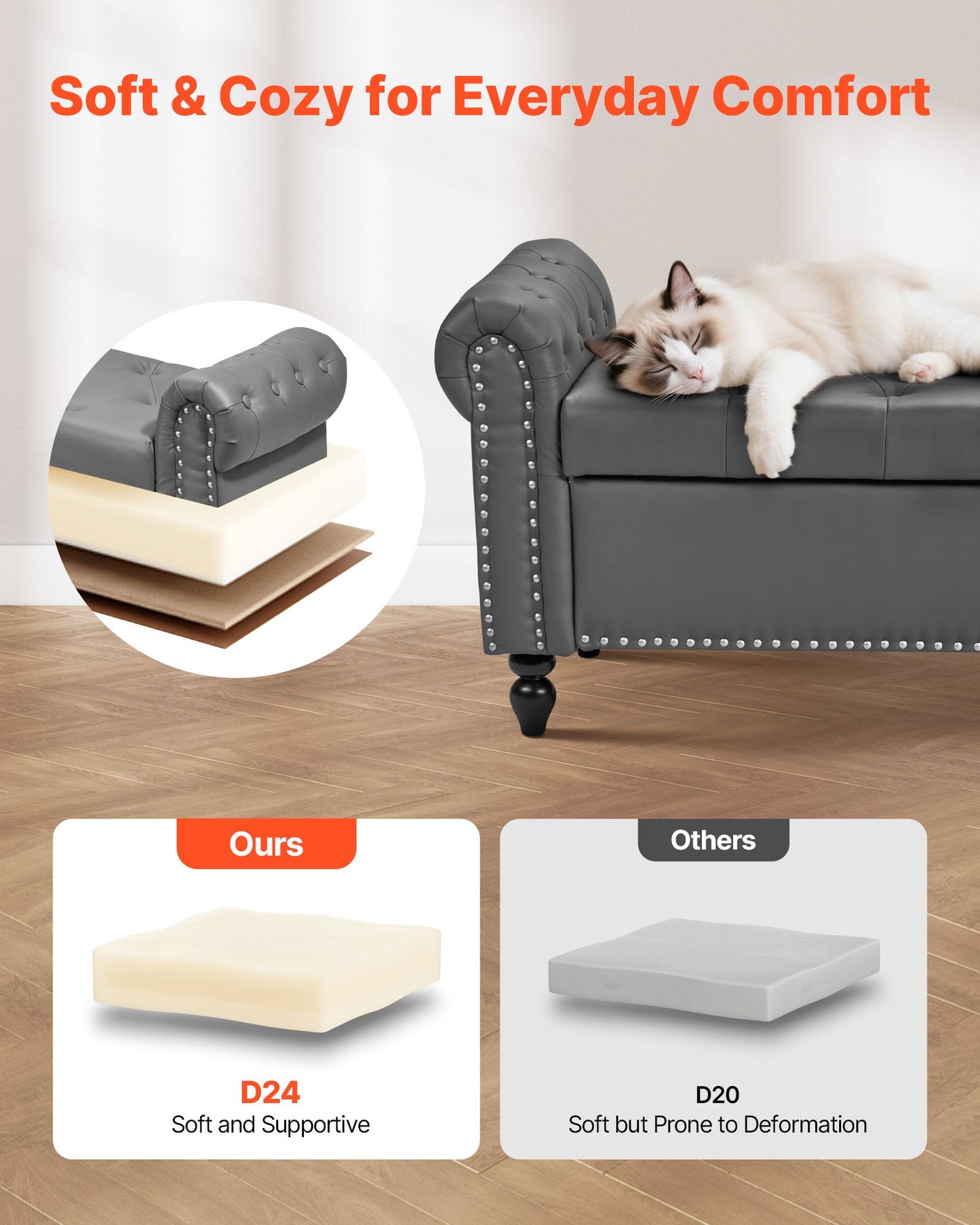 Button-Tufted Storage Ottoman Bench, Rolled Arm PU Leather Bench with Solid Wood Legs, Modern Shoe Benches Seat for Entryway, Upholstered End of Bed Benches for Living Room, Dining Room, Gray