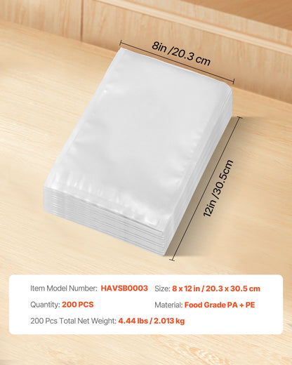 Vacuum Sealer Bags, 200 PCS 8 x 12 Inch Durable Seal Bags, Non-BPA Food Grade Seal A Meal Freezer Bags, Vac Sealing Bag for Food Saver, Ideal Food Storage Vacuum Bags for Meal Prep or Sous Vide