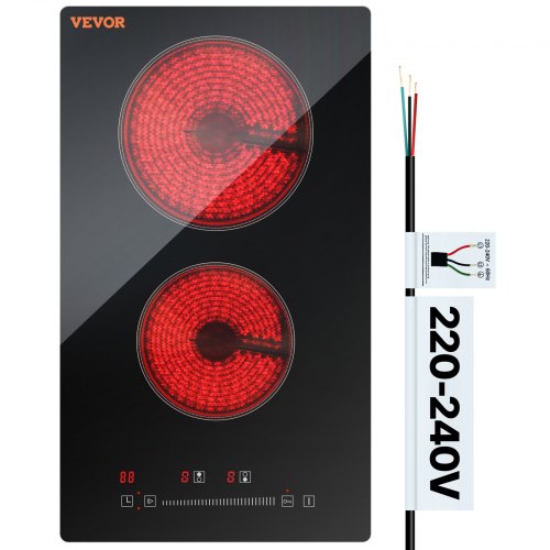 Built in Electric Stove Top, 20 x 11.6 inch 2 Burners, 240V Glass Radiant Cooktop with Sensor Touch Control, Timer & Child Lock Included, 9 Power Levels for Simmer Steam Slow Cook Fry