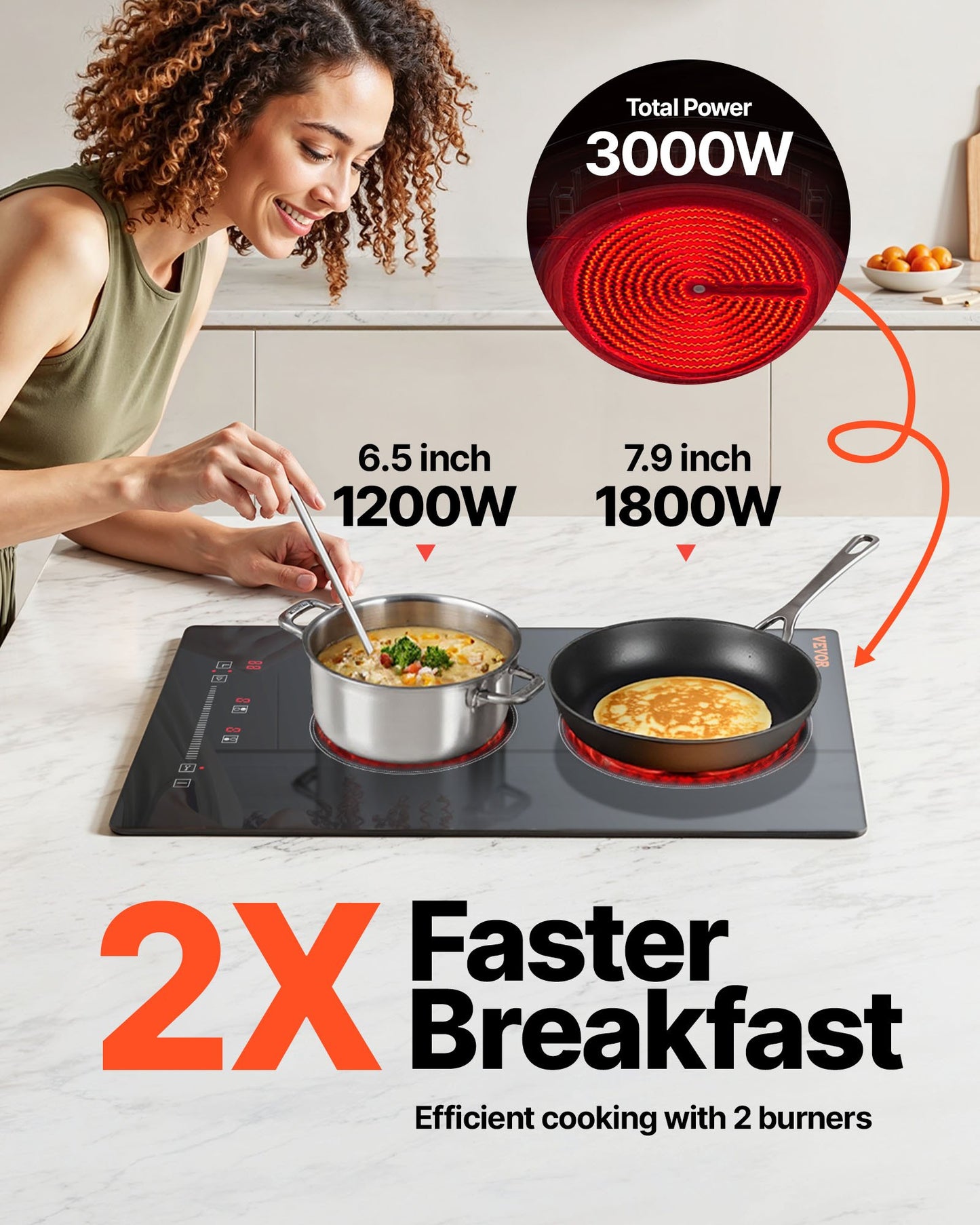 Built in Electric Stove Top, 20 x 11.6 inch 2 Burners, 240V Glass Radiant Cooktop with Sensor Touch Control, Timer & Child Lock Included, 9 Power Levels for Simmer Steam Slow Cook Fry