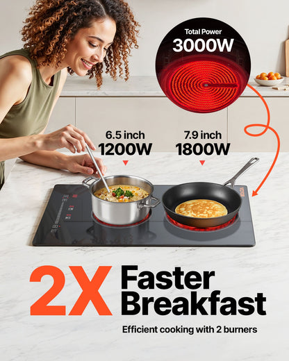 Built in Electric Stove Top, 20 x 11.6 inch 2 Burners, 240V Glass Radiant Cooktop with Sensor Touch Control, Timer & Child Lock Included, 9 Power Levels for Simmer Steam Slow Cook Fry