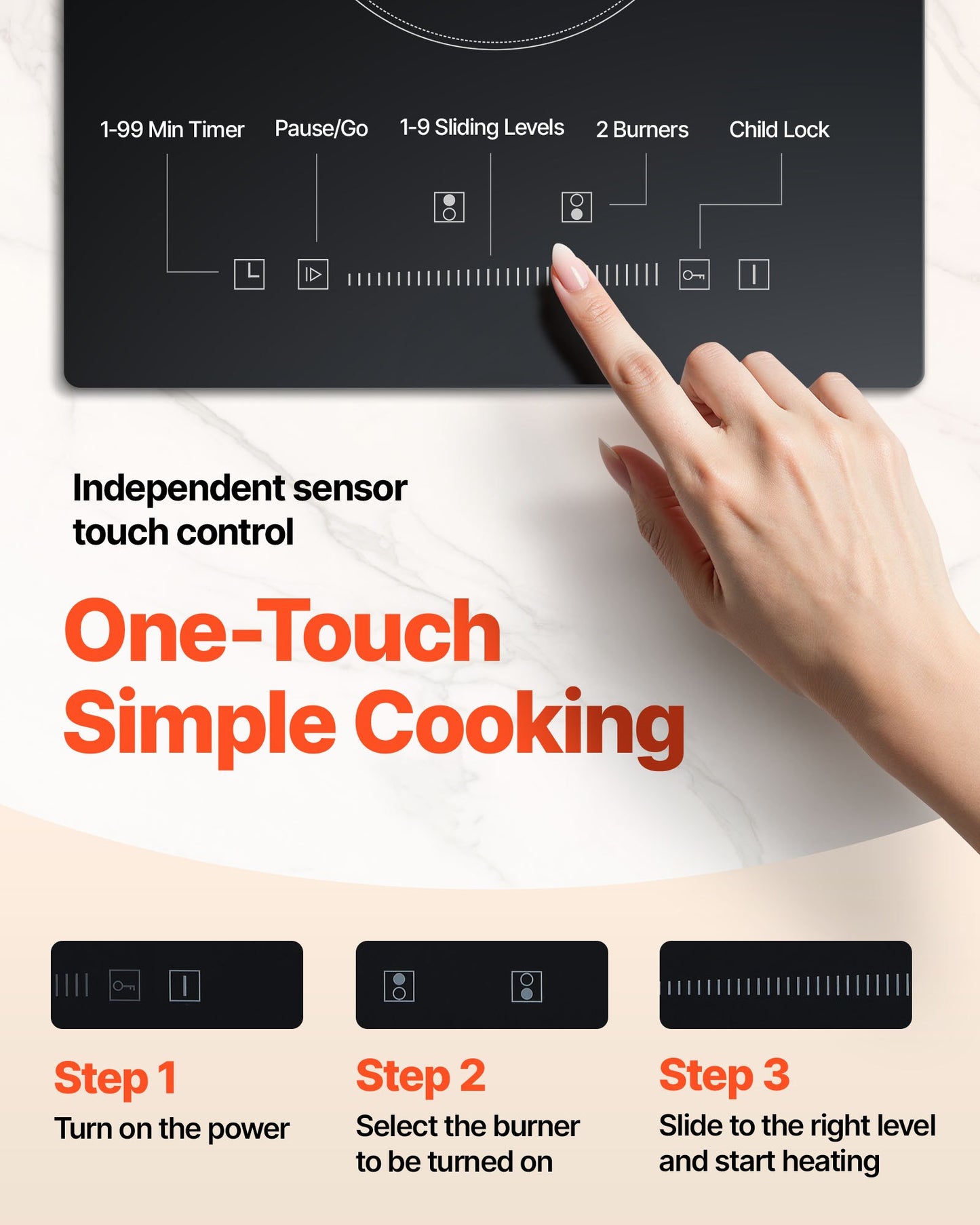 Built in Electric Stove Top, 20 x 11.6 inch 2 Burners, 240V Glass Radiant Cooktop with Sensor Touch Control, Timer & Child Lock Included, 9 Power Levels for Simmer Steam Slow Cook Fry