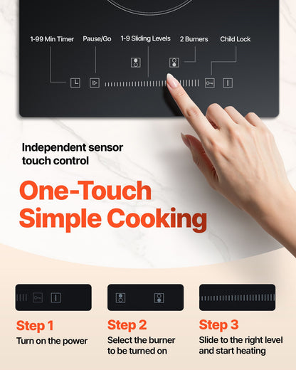 Built in Electric Stove Top, 20 x 11.6 inch 2 Burners, 240V Glass Radiant Cooktop with Sensor Touch Control, Timer & Child Lock Included, 9 Power Levels for Simmer Steam Slow Cook Fry