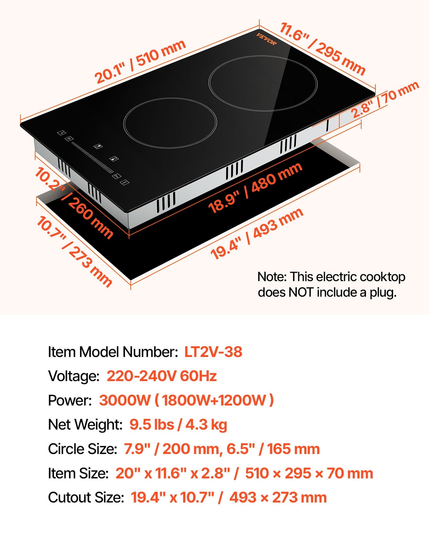 Built in Electric Stove Top, 20 x 11.6 inch 2 Burners, 240V Glass Radiant Cooktop with Sensor Touch Control, Timer & Child Lock Included, 9 Power Levels for Simmer Steam Slow Cook Fry
