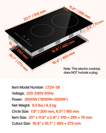 Built in Electric Stove Top, 20 x 11.6 inch 2 Burners, 240V Glass Radiant Cooktop with Sensor Touch Control, Timer & Child Lock Included, 9 Power Levels for Simmer Steam Slow Cook Fry