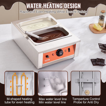 Chocolate Tempering Machine, 17.6 Lbs 2 Tanks Chocolate Melting Pot TEMP Control 86~185℉, 1500W Stainless Steel Electric Commercial Food Warmer For Chocolate/Milk/Cream Melting and Heating