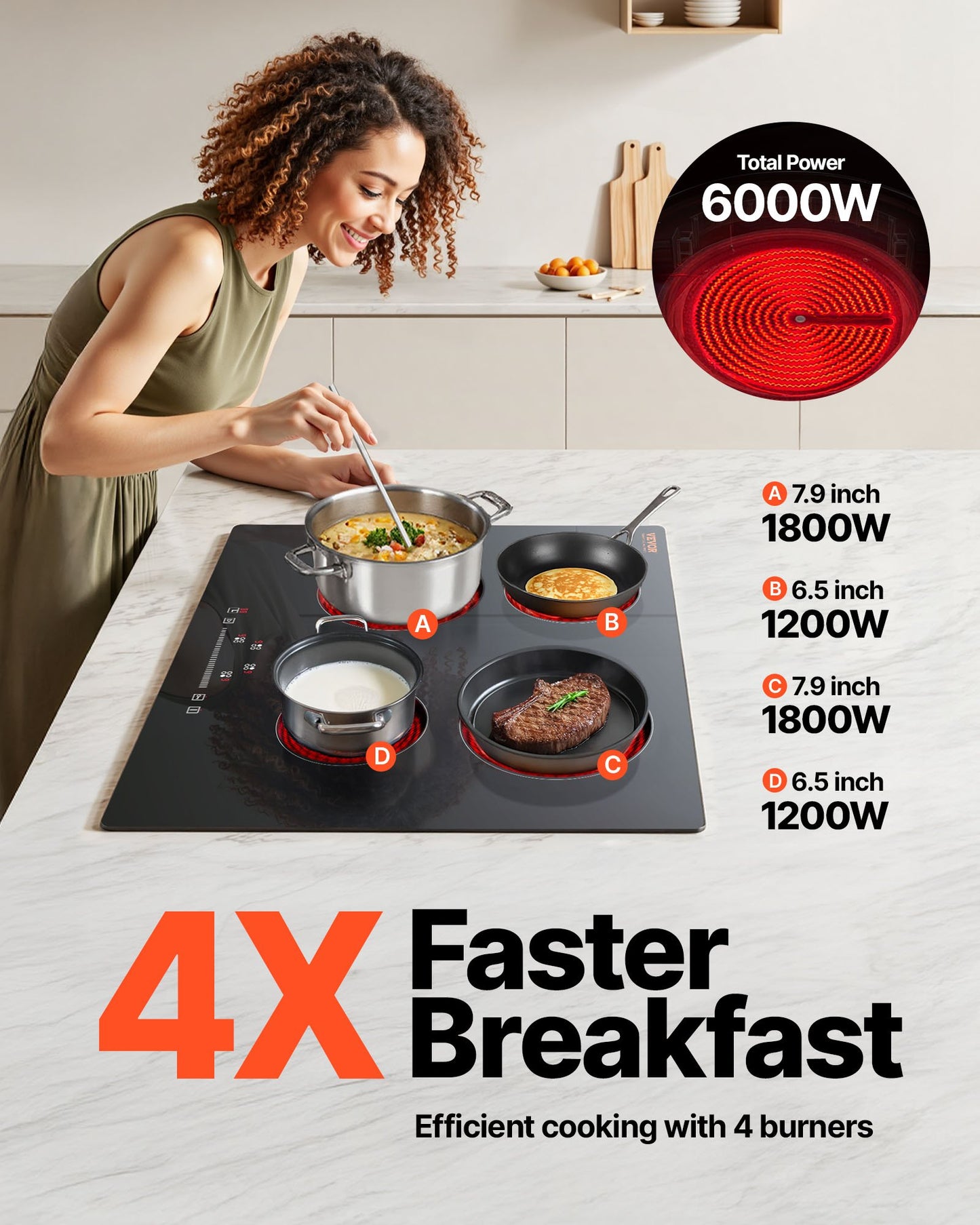 Built in Electric Stove Top, 23.2 x 20.5 inch 4 Burners, 240V Glass Radiant Cooktop with Sensor Touch Control, Timer & Child Lock Included, 9 Power Levels for Simmer Steam Slow Cook Fry