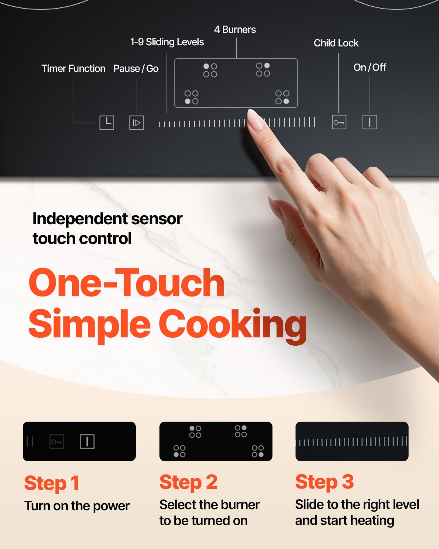 Built in Electric Stove Top, 23.2 x 20.5 inch 4 Burners, 240V Glass Radiant Cooktop with Sensor Touch Control, Timer & Child Lock Included, 9 Power Levels for Simmer Steam Slow Cook Fry